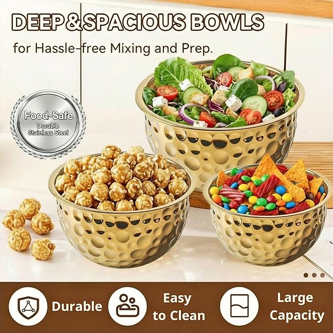 Gold Mixing Bowls Hammered Mixing Bowl Set, Stainless Steel Golden Finish Decorative Serving Bowls for Kitchen, 3 Piece Salad Bowl for Prepping Cooking Baking Serving Gold Serving Bowls for Home Decor