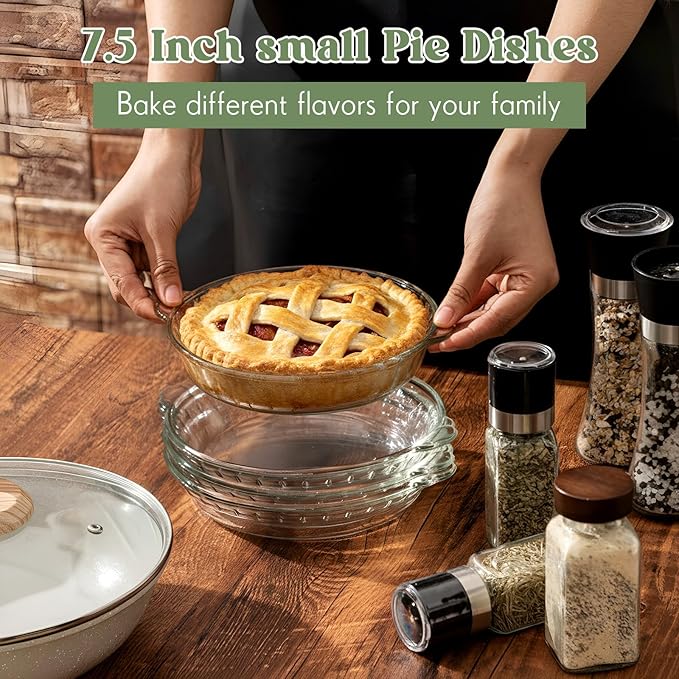 Uiifan 4 Pack 7.5 Inches Mini Glass Pie Pan for Baking Clear Pie Plate with Handles Round Glass Dish for Baking and Serving, Snacks, Salads, Desserts