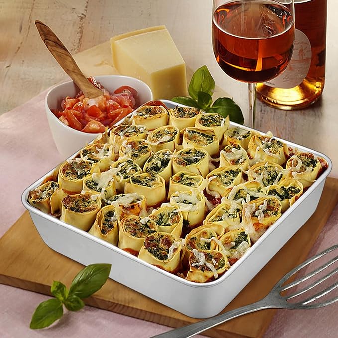 TeamFar 9 Inch Square Cake Pan Set of 2, Stainless Steel Square Baking Pan for Lasagna Cake Brownie, Healthy & Heavy Duty, Dishwasher Safe & Easy Clean, Deep Wall & Smooth Edge