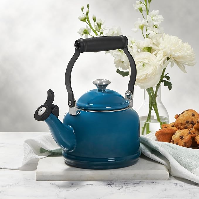 Le Creuset Enamel On Steel Demi Tea Kettle with Metal Finishes, 1.25 qt., Cerise