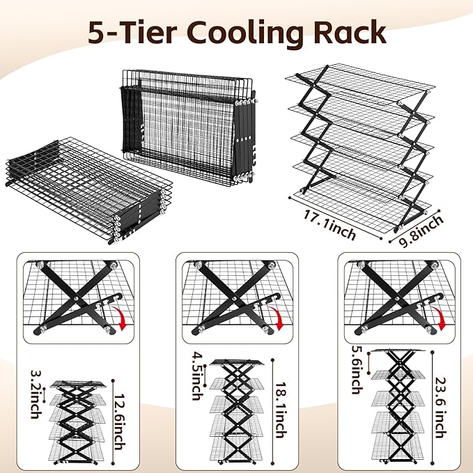 Timeet 5 Tier Upgraded Collapsible Cooling Rack with Adjustable 3 Setting Design, Stackable Baking Rack, Roasting Cooking Drying Wire Cooling Rack for Cookies Baking Roasting ＆ Grilling