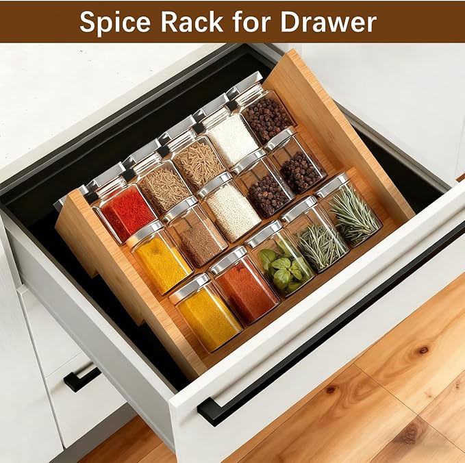 2 Pack Spice Rack Riser for Cabinet, Bamboo Spice Organizer Display Shelf for Kitchen Countertop
