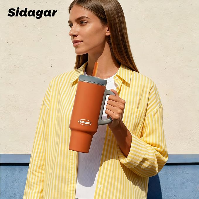 Tumbler with Handle,36 oz Ceramic Lined Travel Mug Water Bottle with Straw,Vacuum Insulated Stainless Steel Cup with Lid,Fits Cup Holder, Leak Resistant Press-in Lid,Orange