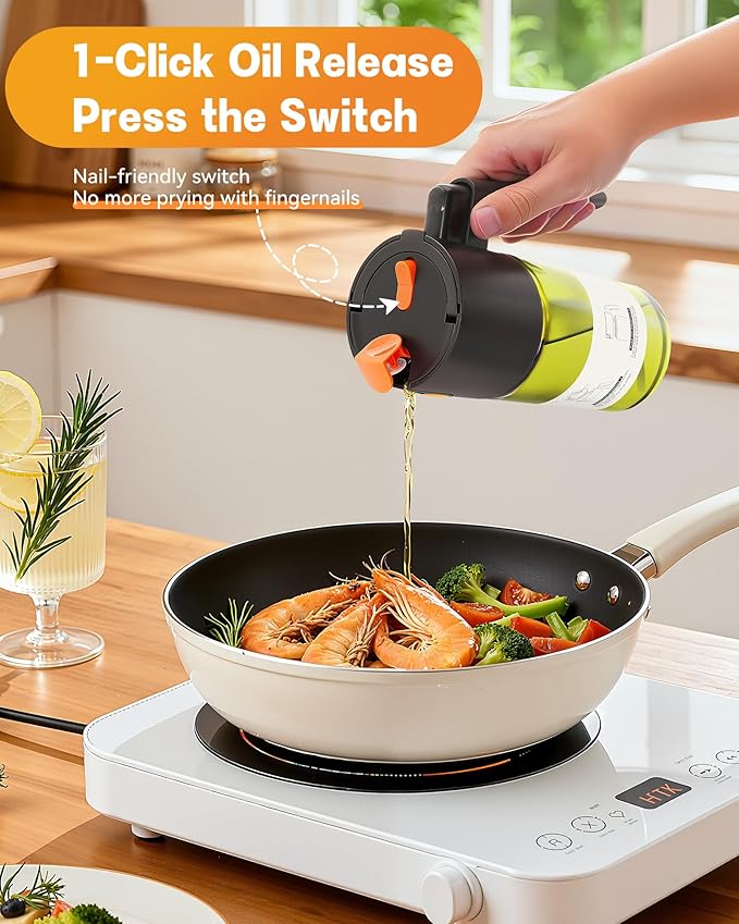 Upgrade 2 in 1 Oil Sprayer for Cooking 2PCS, 17oz Light-Blocking Glass Olive Oil Dispenser Bottle for Kitchen,Food-Grade Oil Mister with 8 Stickers(Green+Brown)