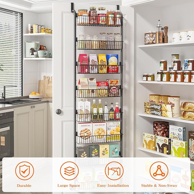 MIAOLI Over the Door Pantry Organizers and Storage, 8-Tier Spice Rack, Home & Kitchen Storage Shelves for Cabinet, Large Capacity Hanging Seasoning Organizer, Laundry Room Organization, Black