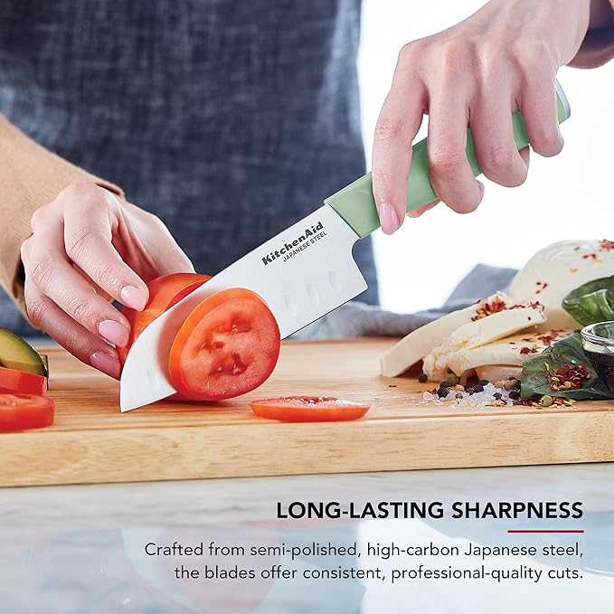 KitchenAid Chef Set with Custom Fit Covers, Sharp Kitchen Knife, High-Carbon Japanese Stainless Steel Blade, 4 Piece, Pistachio