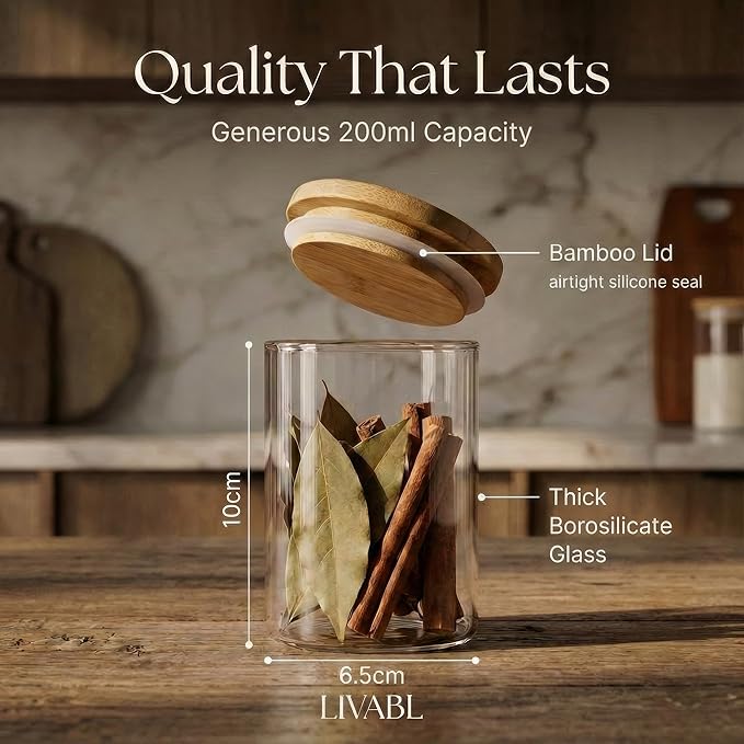 Glass Spice Jars with Labels-12 Pack- 6.8oz- 360 Labels- Spice Containers with Bamboo Lids -Spices Organization for Cabinet-Drawer-Rack-Seasoning containers-herbs- Organizer-Spices Bottles