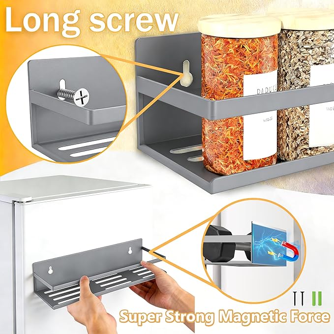 Magnetic Spice Rack for Refrigerator Seasoning Organizer for Spice Fridge Shelf storage Magnetic Shelf with Hook for Oven(6pack) (4Pack-Cut out-grey)
