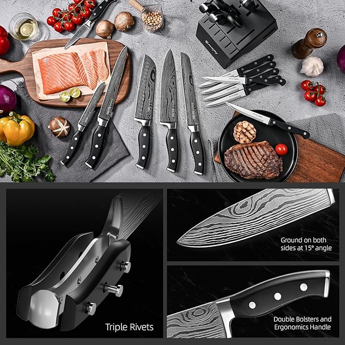 Knife Set, Emojoy 18-Piece Knife Sets for Kitchen with Block, Stainless Steel Kitchen Knives with Built-in Sharpener, Shears and Carving Fork, Black
