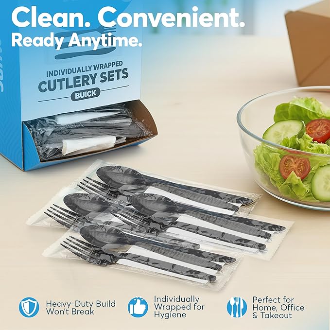 Individually Wrapped Plastic Cutlery Set with Napkin - 100 Pack Heavy Duty Disposable Forks, Spoons, Knives - Sanitary Wrapped Utensils Packets for Restaurants, Catering, Takeout, Parties (Black)