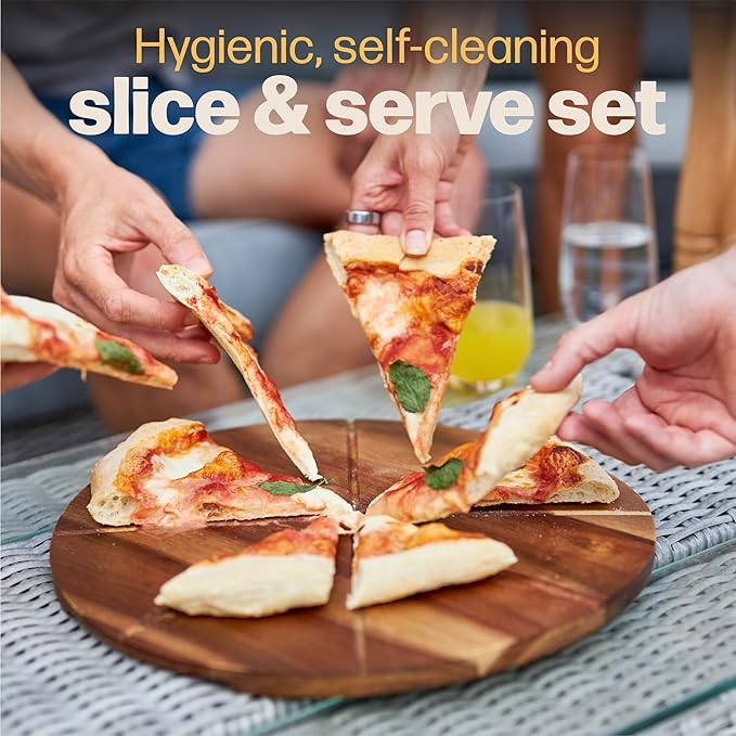Hans Grill Pizza Cutting Board and Pizza Cutter Rocker Blade Gift Set Professional Stainless Steel Food Slicer with 13.5" Acacia Wooden Board Perfect for Slicing and Serving Pizza, Pies and Cheese
