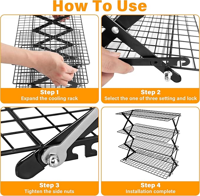 4 Tier Collapsible Cooling Rack, 3 Adjustable Setting Design Wire Baking Rack Stackable Cookies Bread Cooling Racks for Cooking and Baking, Roasting, Drying, Bakers