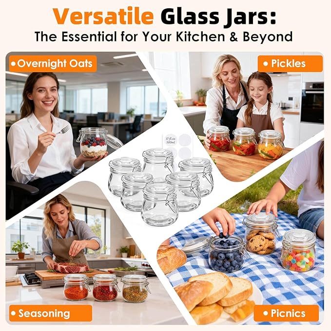 SKOCHE 17oz Glass Jars with Airtight Lids 6 Pack, Air Tight Glass Storage Jar, Leakproof 17 oz Jars with Seal Wire Clips for Pickling, Kitchen, Canning Jam, Food Storage, Preserving Nuts and Snacks