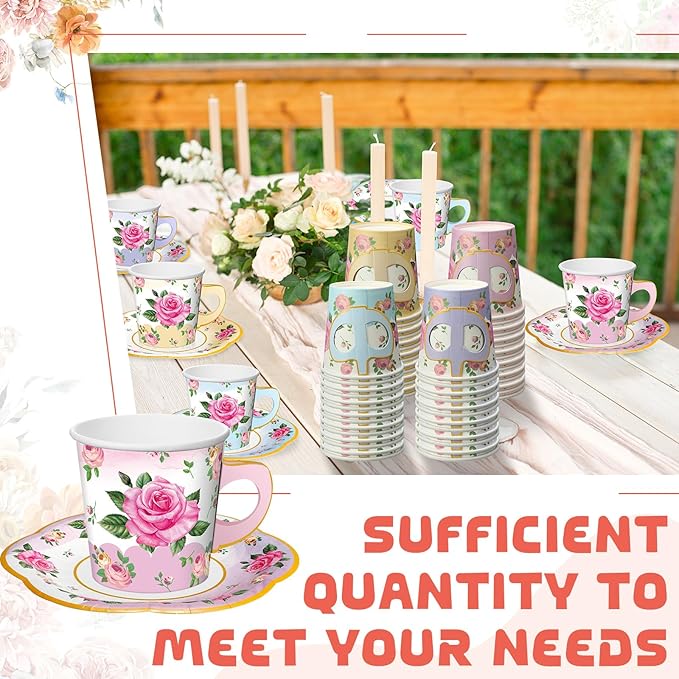 Umigy 60 Sets Spring Tea Party Decorations 6.5 oz Floral Paper Teacups & Saucer Set for Girls Women Afternoon Tea Parties Mothers Day Bridal Shower Wedding Birthday Party Decorations(Gradient Color)