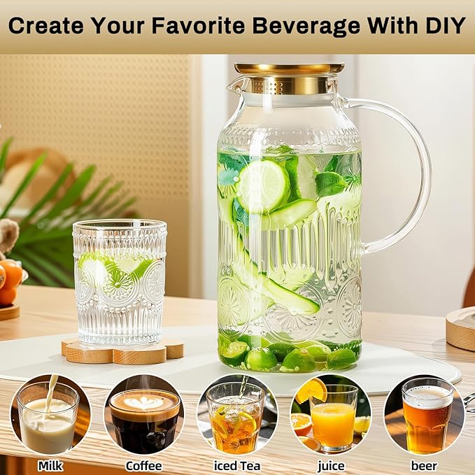 Glass Pitcher with Lid and Handle, 2 PACK 68 oz/2 Liter Vintage Embossed Sun Flower Water Pitcher, Clear Borosilicate Glass Water Carafe for Cold Brew, Iced Sun Tea,Beverage, Heat Resistant