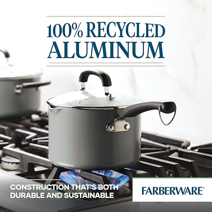 Farberware EcoAdvantage Ceramic Nonstick Straining Saucepan/Sauce Pan with Lid, 3 Quart, Gray