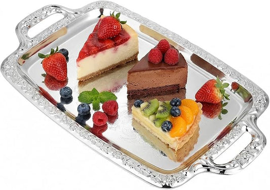 Rectangular Silver Serving Tray - Vintage Metal Tray for Whiskey - Dining Tableware and Decorative Platter Perfect for Entertaining and Home Decor