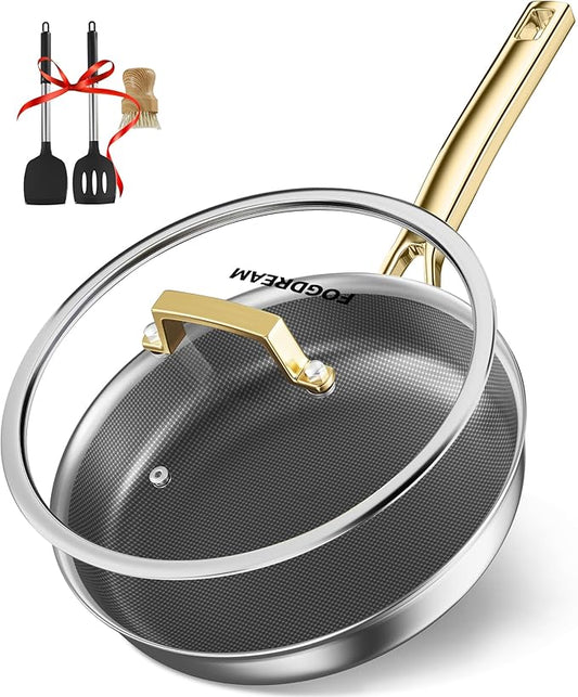 FogDream Titanium Non Stick Frying Pan, 10in Tri-Ply Hybrid Stainless Steel Skillet with Spatulas, All-in-One Cookware, Stay Cool Handle, Dishwasher & Oven-Safe,Induction Compatible,Gold