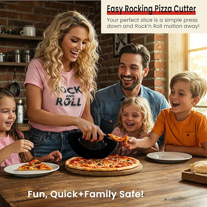 Rock'n Roll Pizza Cutter, Plastic, Non-Stick, Rocking, 9 inch, Easy to Clean, Dishwasher Safe, Handheld Pizza Slicer, Easier Slicing Tool, Baking Tools, Pastry Bread Cutting Knife, Made in USA, Black