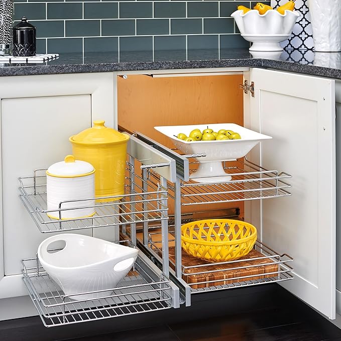 Rev-A-Shelf Chrome Two-Tier Wire Bottom Optimizer for 18" Blind Corner Cabinet Openings, Storage Organizer with 4 Shelves, 5PSP-18-CR