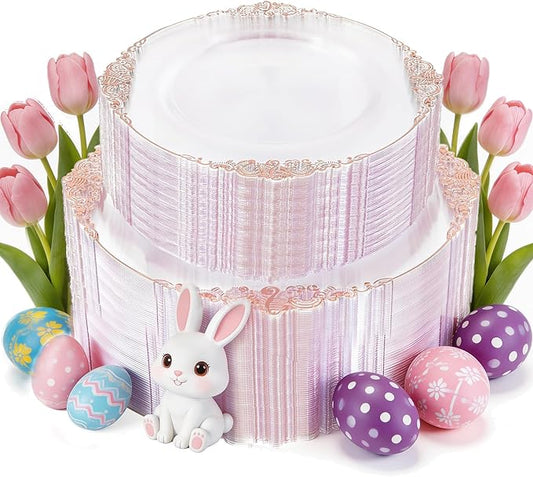 102PCS Rose Gold Plastic Plates - Clear Rose Gold Plate - Heavy Duty Disposable Plates - Fancy Disposable Dinner & Dessert Plate for 51 Guests for Party & Wedding