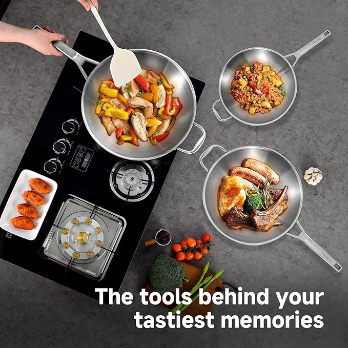 Inqibee 13 Inch Stainless Steel Wok with Lid, Induction Compatible Stir Fry Wok Pan, Long Handle & Helper Handle, Tri-Ply Construction, Works on All Stovetops, Oven & Dishwasher Safe