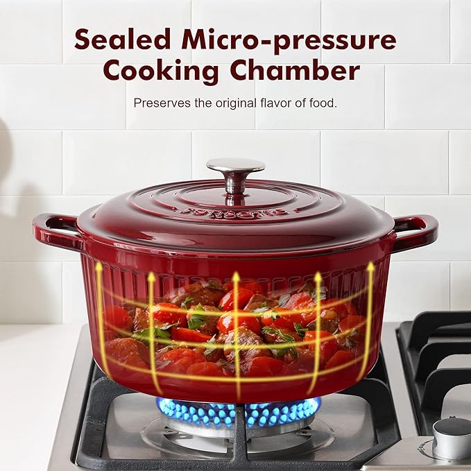 SENSARTE Enameled Cast Iron Dutch Oven Pot with Lid 3.5 Quart Heavy-Duty Round Dual Handles Kitchen Pot with Cotton Potholders & Silicone Trivet, Pot for Bread Baking, Stews, Braising, Roasting, Oven Safe up to 500°F, Red