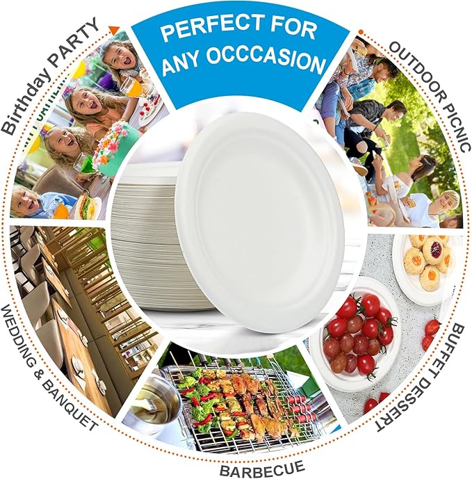 Disposable Large White Paper Plates 9 Inch - 100 Counts Heavy Duty Natural Bagasse Plates, Compostable & Oil-Proof, Microwave Safe for Family Christmas Dinner, Kids Pizza Nights & Fried Chicken Meals