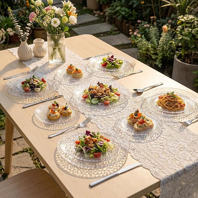 Rubtlamp 60Pcs Plastic Plates, Clear Disposable Plates, Hammered Heavy Duty Plastic Platos, Fancy Disposable Platos Include 30 Clear Dinner Plate, 30 Salad Plate For Bridal Spring