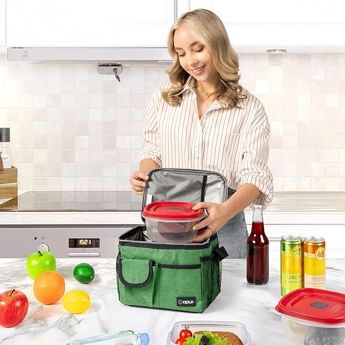 opux Insulated Lunch Bag for Men Women, Leakproof Heather Green Lunch Box for Work, Portable Soft Lunch Cooler Bag with Shoulder Strap, Adult Lunchbox Lunch Pail for Kid Boy Girl School, 14 Can/8L
