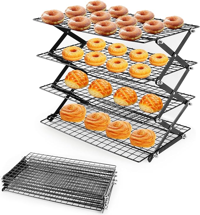 4-Tier Collapsible Cooling Rack with Adjustable 3 Setting, Wire Cooling Roasting Cooking Baking Drying Rack for Cookies Bread (Black-4 Tier)