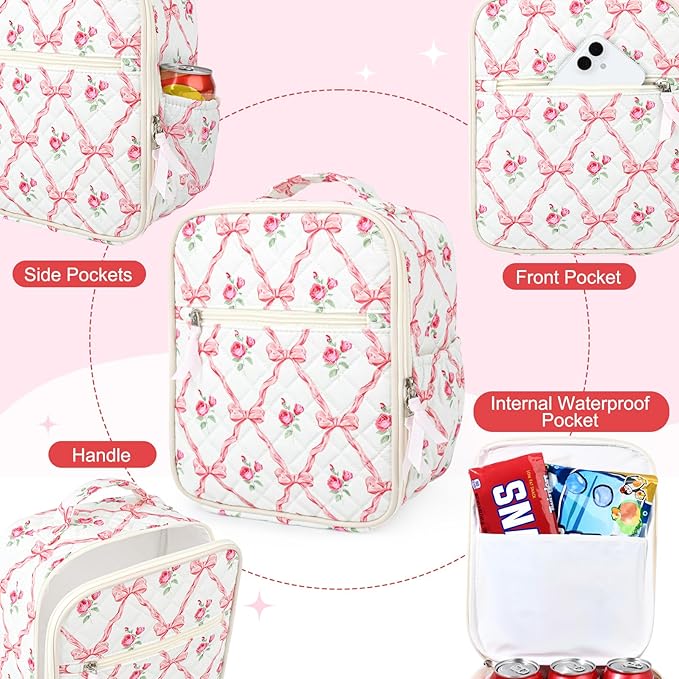Aileam Lunch Box Lunch Bag for Women Cute Girls Insulated Womens Lunch Bag For Work Quilted Large Capacity Reusable Insulated Cooler for Work School Picnic Travel BOWS & ROSES