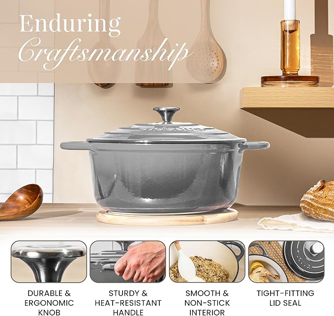Cast Iron Pot with Lid – Non-Stick Ovenproof Enamelled Casserole Pot, Oven Safe up to 500° F – Sturdy Dutch Oven Cookware – Grey, 5-Quart, 24cm – by Nuovva
