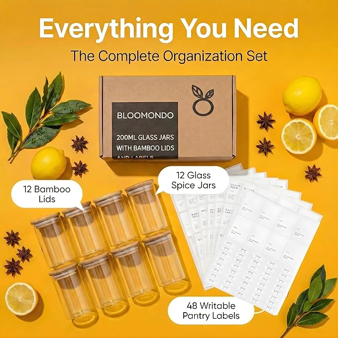 Empty Spice Jars with Label Pack (12x Bamboo Lid Glass Jar). Small 6oz Spice Storage Bottles with 112 Printed Stickers and 48 Writable Pantry Labels for Seasoning Containers