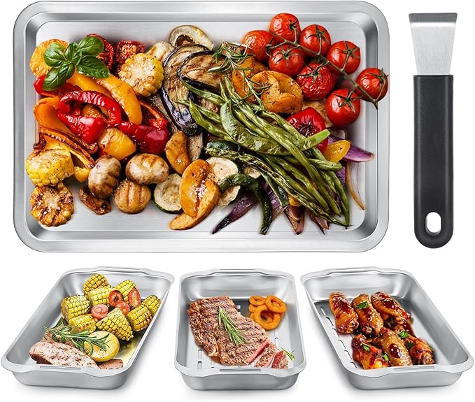 Grill Basket Set, 3-Piece Stainless Steel Grill Topper Pans for Outdoor Grill with BBQ Prep Tray, Grilling Baskets Barbecue Accessories for Vegetables, Fish, Meat, and Seafood