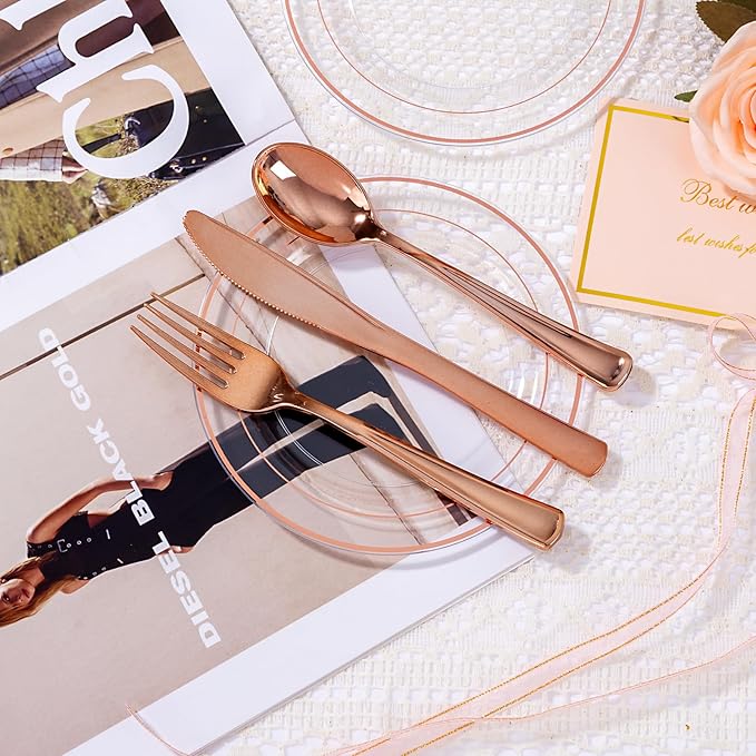 bUCLA 100PCS Clear Rose Gold Plastic Plates Disposable - Heavy Duty 6.25 Inch Clear Plastic Dessert Plates with Rose Gold Trim - Ideal for Party, Wedding & Mother's Day