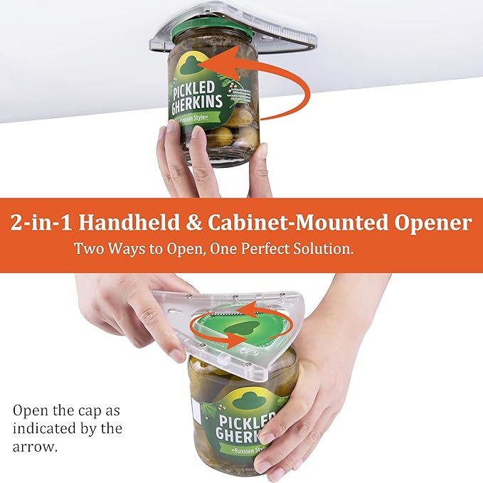 Jar Opener for Weak Hand & Seniors with Arthritis,Handheld & Under Kitchen Cabinet-Twist Off Bottle Caps,One-Handed Lid Open,Patent Unique Gadget–Gift for Elderly,Women&Men (Transparent)