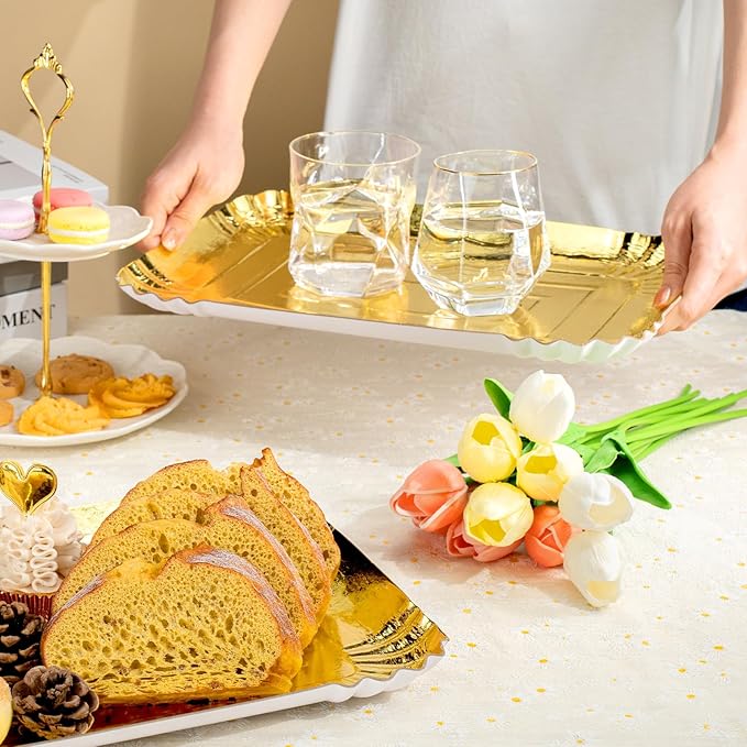 10 PCS Gold Rectangle Trays, Heavy Duty Disposable Paper Cardboard for Platters, for Elegant Dessert Table Serving Parties, Cupcake Display, Birthday Party, Christmas, Weddings