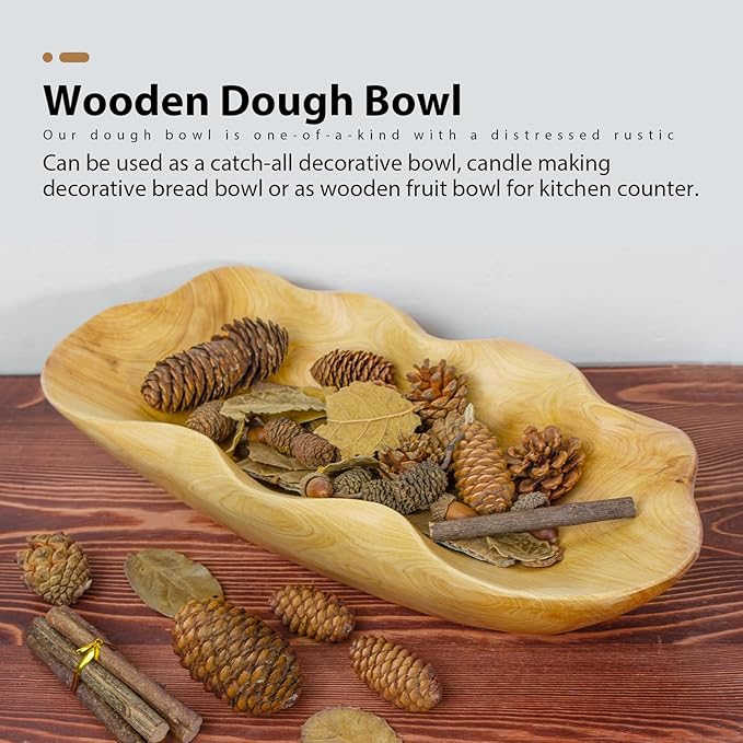 Wooden Fruit Bowl Handcrafted Wood - Natural Fruit Basket for Kitchen Counter Display, Decorative Bowl for Apples, Oranges, Pineapples (15 Inch)