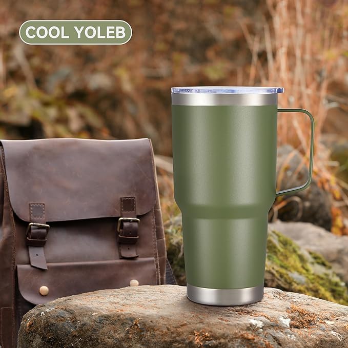 30 oz Tumbler with Handle and Lid, Stainless Steel Tumblers Double Wall Vacuum Insulated Travel Mug Leak Proof Cup Keep Drinks Cold and Hot Army Green, 1 Pack