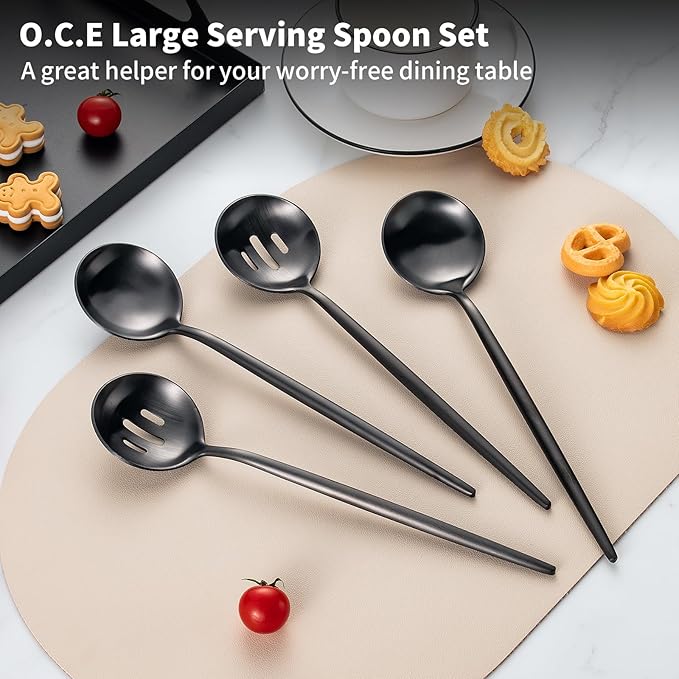 4 Piece Serving Spoon Set(2 Spoons and 2 Slotted Spoons),O.C.E. Stainless Steel Buffet Serving Utensils,10.3 Inches,Premium Flatware,Matte Black