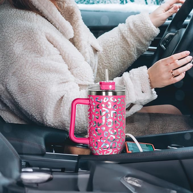 40 oz Tumbler with Handle and Straw, 100% Leak-Proof Travel Mug, Stainless Steel Double Wall Vacuum Insulated Coffee Cup Keeps Cold For 34 Hours, Dishwasher Safe, Hot Pink Leopard