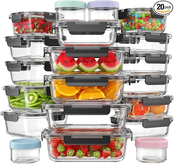 40 PCS Glass Food Storage Containers with Lids(20 Container & 20 Lid), Borosilicate Glass Meal Prep Containers for Kitchen Storage and Organization, BPA-Free, Leak Proof, Reusable