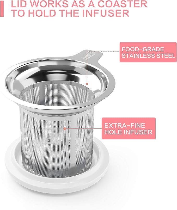 Tea Cup with Infuser and Lid for Steeping Loose Leaf Tea Bag Coffee Milk Women Office Home Gift 16oz Peach Blossoms