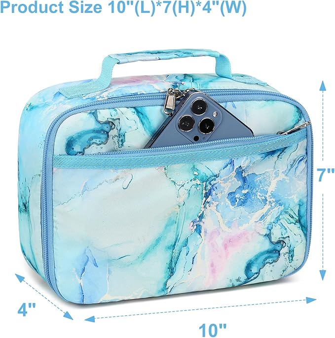 LEDAOU Lunch Bag Kids Insulated Lunch Box Girls Toddler Reusable LunchBox for School Picnic Hiking (Marble Blue)