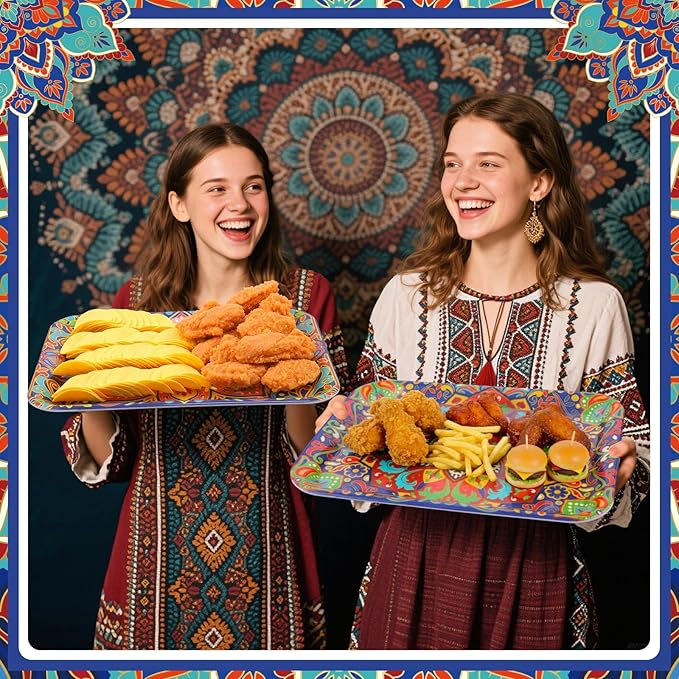 Vesici 4 Pack Mandala Melamine Serving Trays, 13 x 10 Inch Rectangular Decorative Platters with Colorful Bohemian Patterns, Durable Serving Plates for Snacks, Appetizers, Parties & Home Decoration
