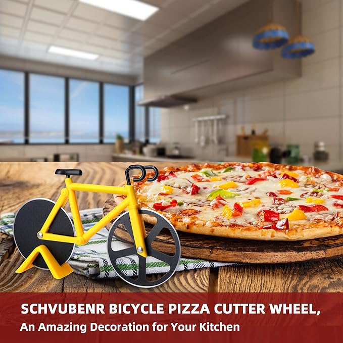Bicycle Pizza Cutter Wheel - Gifts for Cyclists, Men, Dad, Bike Lovers - Funny Kitchen Gadgets - Cool Father’s Day, Christmas, Birthday, White Elephant Gifts - Stainless Steel Pizza Slicer(Yellow)