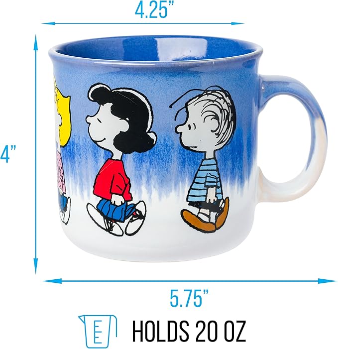 Silver Buffalo Peanuts Reactive Glaze Ceramic Camper Mug Featuring Charlie Brown, Lucy, Sally, Woodstock, and Linus, 20 Ounces
