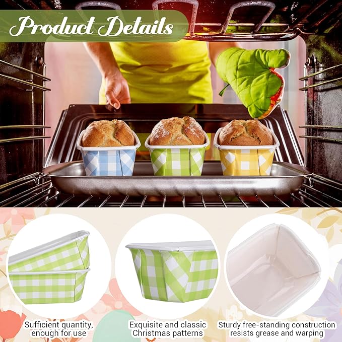 LemonRoad 48 Sets Easter Paper Loaf Pan for Baking 6.3 x 2.2 x 2.2 Inch Small Disposable Colorful Plaid Baking Pans with Clear Plastic Bags and Ties Rectangle Cake Pan for Bread Mold Supply Gift