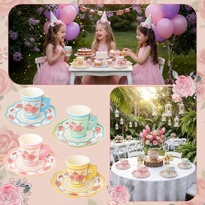 60 Sets/120 Pcs Floral Paper Tea Cups and Saucers 9 OZ Disposable Paper Tea Cups with Handle and Plates Tea Party Decorations for Birthday Wedding Garden Party Decorations